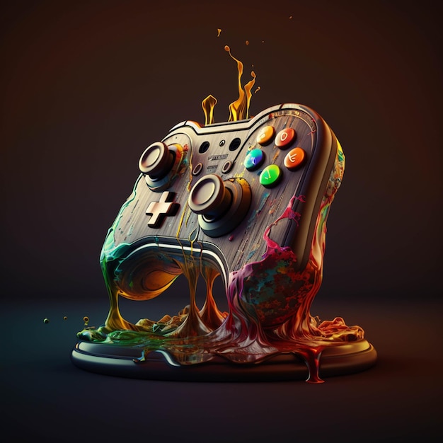 A close up of a video game controller covered in liquid generative ai