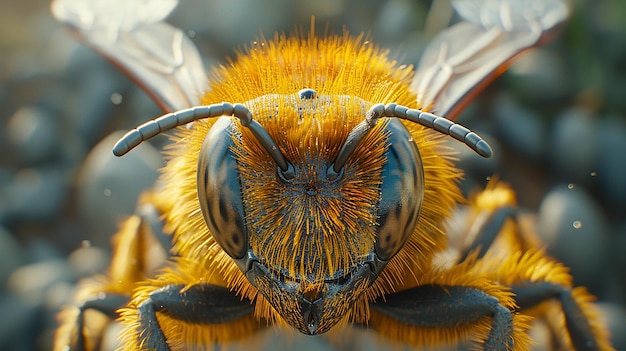 a close up of View of 3D golden bee highly detailed ultra realistica yellow and orange bees face