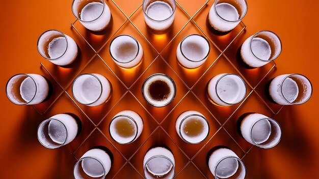 Photo close up view of arrangement of glasses of beer on orange backdrop