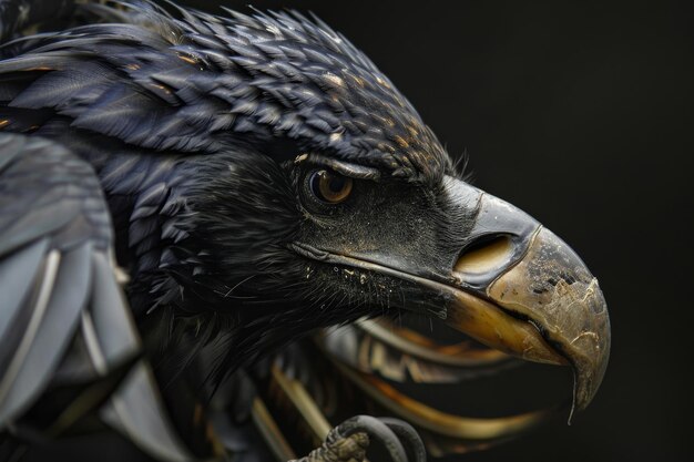 Photo a close up view of a bird with sharp curved beak and powerful talons against a black background sharp curved beak and powerful talons