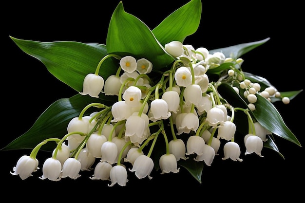 Close up view of bouquet of lilies of the valley flowers on a green background