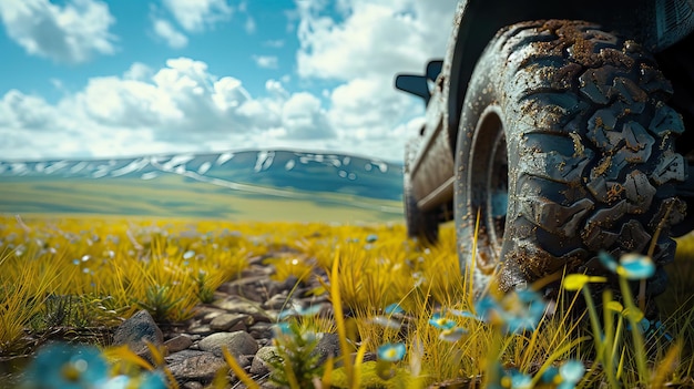 Photo close up view of car wheeltransportation conceptwheel with summer tires closeup on background of summer landscape ai generated illustration