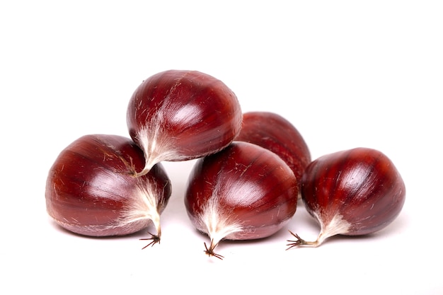 Close up view of chestnuts isolated on a white background.