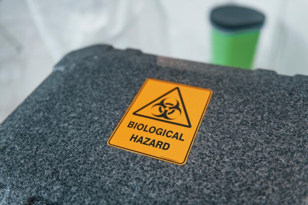 Close up view of closed case with biological hazard inside