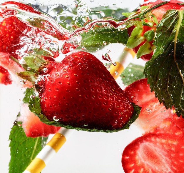 Close up view of the cold and fresh lemonade with strawberry, mint leaves and ice cubes. Texture of cooling summer's drink with macro bubbles on glass. Fizzing or floating up to top of surface.