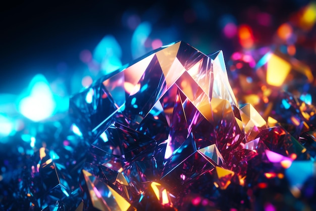 Close up view of colorful diamond on black background with blurry effect Generative AI