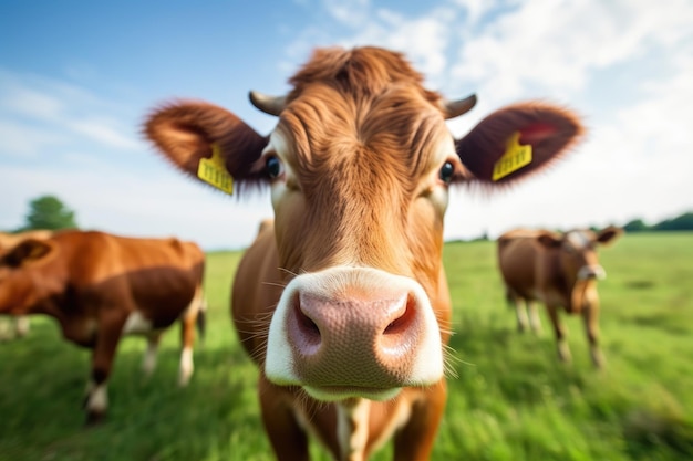 Close up view of a cow grazing peacefully in a green pasture Generative AI