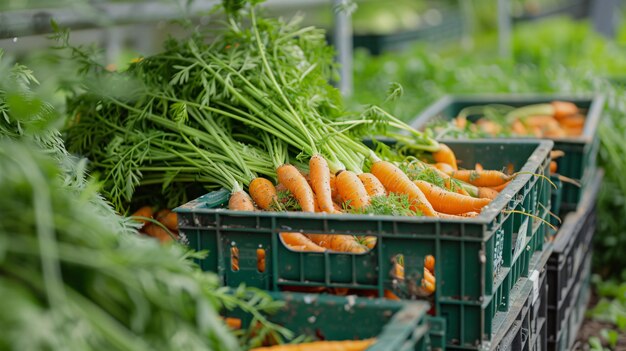 Close up view of crate full of fresh carrots in the greenhouse