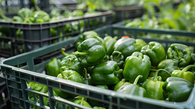 Close up view of crate full of fresh picked green sweet peppers in the greenhouse