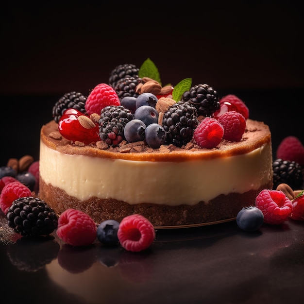 close up view of delicious cheesecake with fresh fruits Generative AI