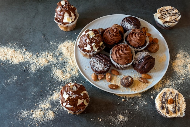 Close-up view of delicious chocolate cupcakes