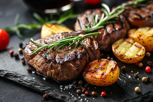 Close up view of delicious dinner with meat potatoes served with green on mix colors background