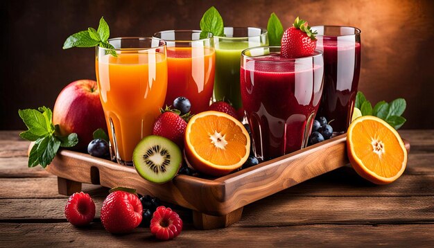 Close up view of delicious fresh juices and fruits on a wooden tray on a brown background