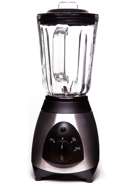 Close up view of an electric blender isolated on a white background.