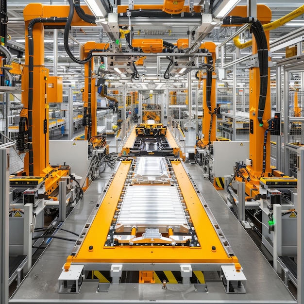 Close up view of electric vehicle battery cell mass production assembly line process