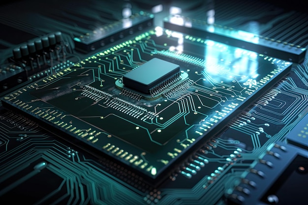 Close up view of electronic circuit board with a processor 3d rendering Futuristic circuit board Information and technology AI Generated