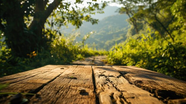 Photo the close up view of empty table made from wood in forest with mountain aigx02