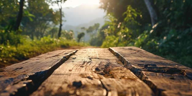 The close up view of empty table made from wood in forest with mountain aigx