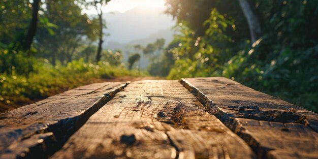 Photo the close up view of empty table made from wood in forest with mountain aigx