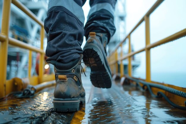 The close up view of engineer working inside factory and focus on boots aig