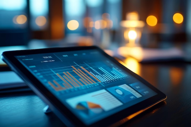 Close up view of financial growth charts on a tablet during a business meeting discussion