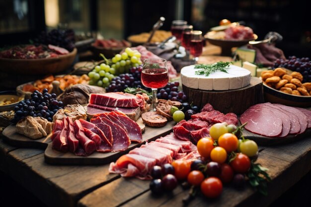 Close up view of foods on a wooden table viande multicolor ready for party apetizing colorful buffet