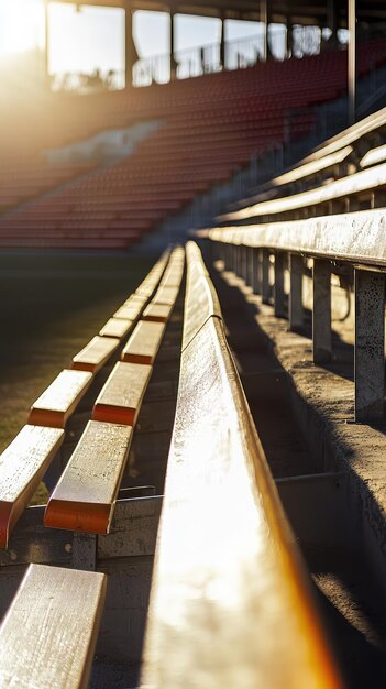 Photo a close up view of football stadiums grandstands showcasing warm sunlight reflecting off wooden benches empty seats create sense of anticipation for next game