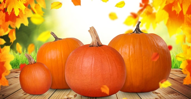 Close up view of fresh pumpkin at wooden background