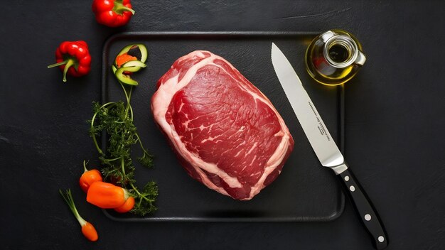 Close up view of fresh raw red meat on black tray pepper vegetables fallen oil bottle knife on dark