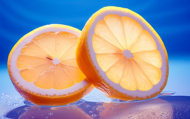 Close up view of fresh slices of lemons with water droplets over blue background Studio shot