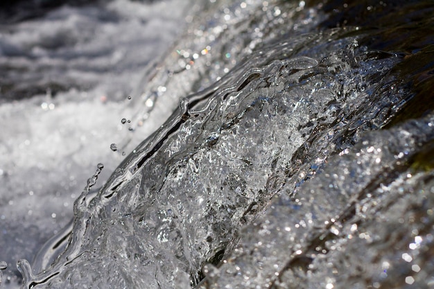 Close up view of a fresh stream of water on the forest.