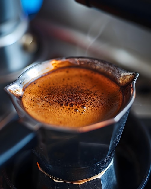 Photo close up view of freshly brewed espresso rising from a traditional moka pot