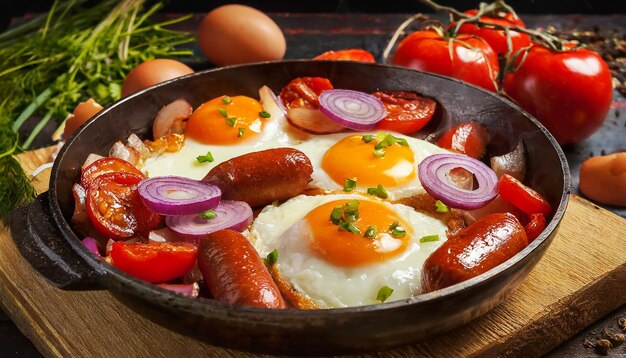 Close up view of fried eggs sausage and onion on frying pan Salted and spiced food for breakfast