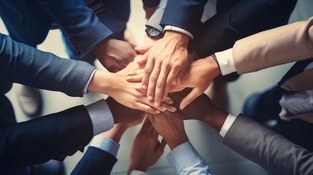 Close up view from above of young business people putting their hands together Created with Generative AI technology