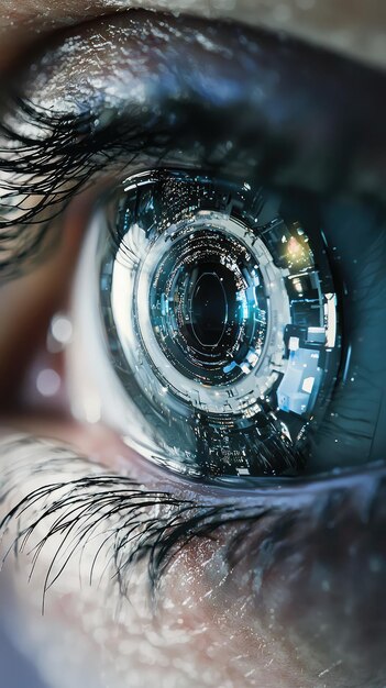 Photo a close up view of futuristic bionic eye implant showcasing intricate technology and vibrant digital interface eye reflects blend of human and machine evoking sense of innovation and advancement