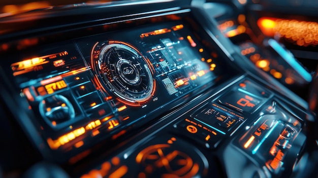 Photo close up view of a futuristic car dashboard 3d render