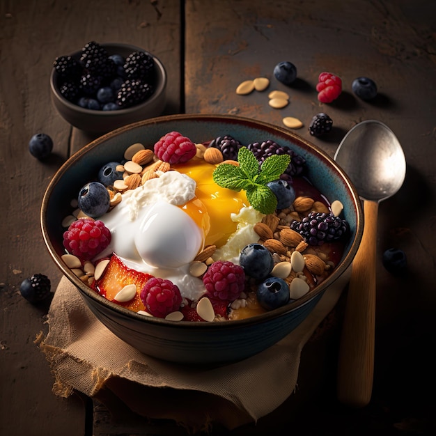 Close up view of Healthy morning breakfast Oatmeal with berries and nuts chickpeas and poached eggAI Generated