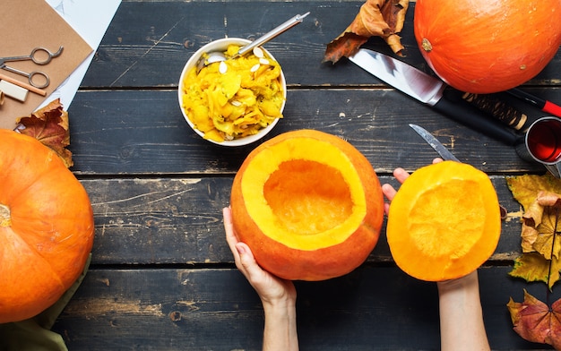 Close up view hollow pumpkin preparation halloween