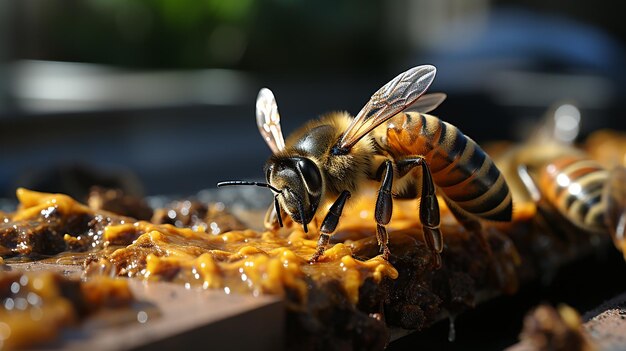 Close up view of honey bee on surface with honeycomb