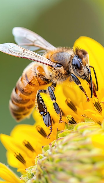 A close up view of a honeybee collecting nectar from a vibrant yellow sunflower in summer