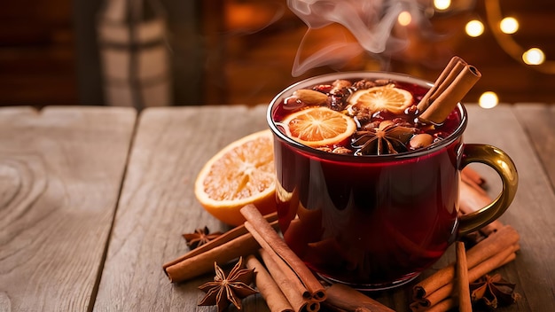 Photo close up view of hot mulled wine drinks with spices and orange pieces on wooden tabletop