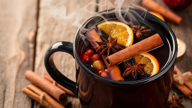 Photo close up view of hot mulled wine drinks with spices and orange pieces on wooden tabletop