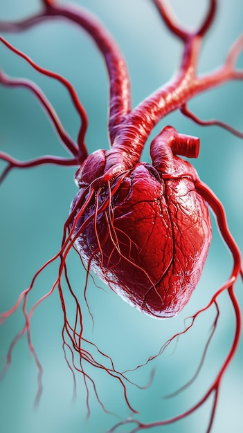 Close up view of human heart with arteries showcasing intricate details and vibrant colors This image highlights complexity and beauty of human anatomy evoking sense of wonder