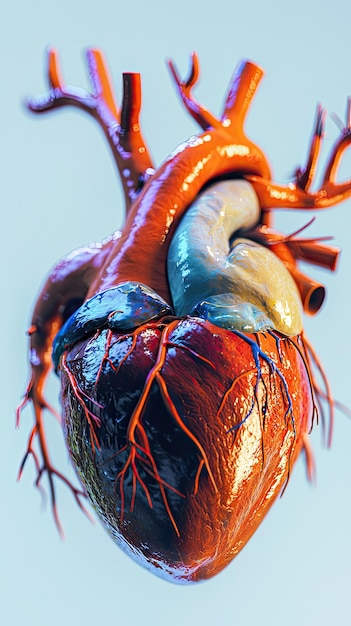 Close up view of human heart with arteries showcasing intricate details and vibrant colors This stunning representation highlights complexity and beauty of human anatomy