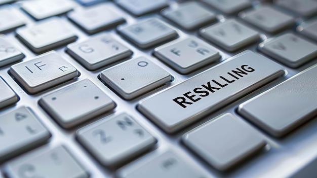 Photo close up view of a keyboard with keyboard key marked reskilling