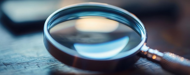 Photo a close up view of magnifying glass resting on wooden surface showcasing its reflective lens and metallic frame image conveys sense of curiosity and exploration