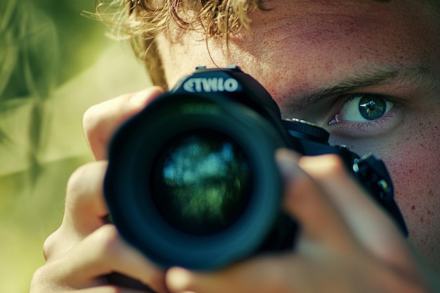 Photo close up view of a male photographer taking a photo with a reflex camera