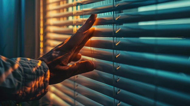 Photo close up view of mans hand spreading blinds