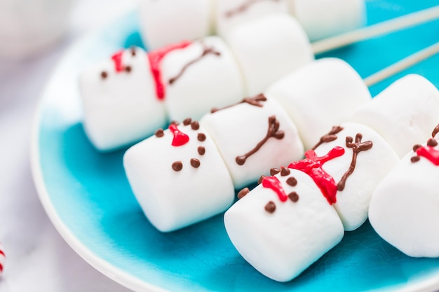 Close up view. Marshmallow snowmen on sticks for hot chocate drink.