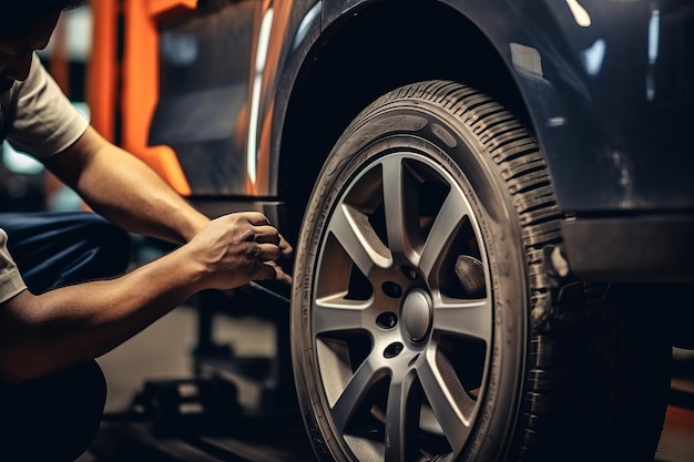 Close up view of a mechanic at work changing tires and wheels in a service center